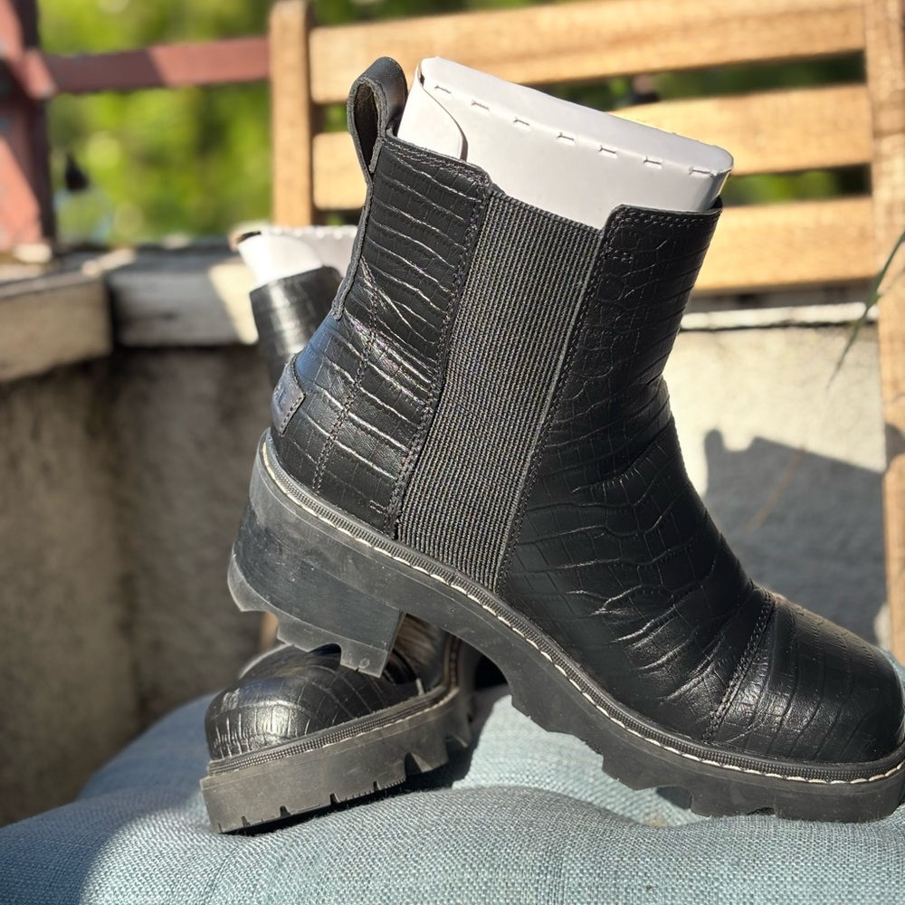 Black Croc-Embossed Ankle Boots